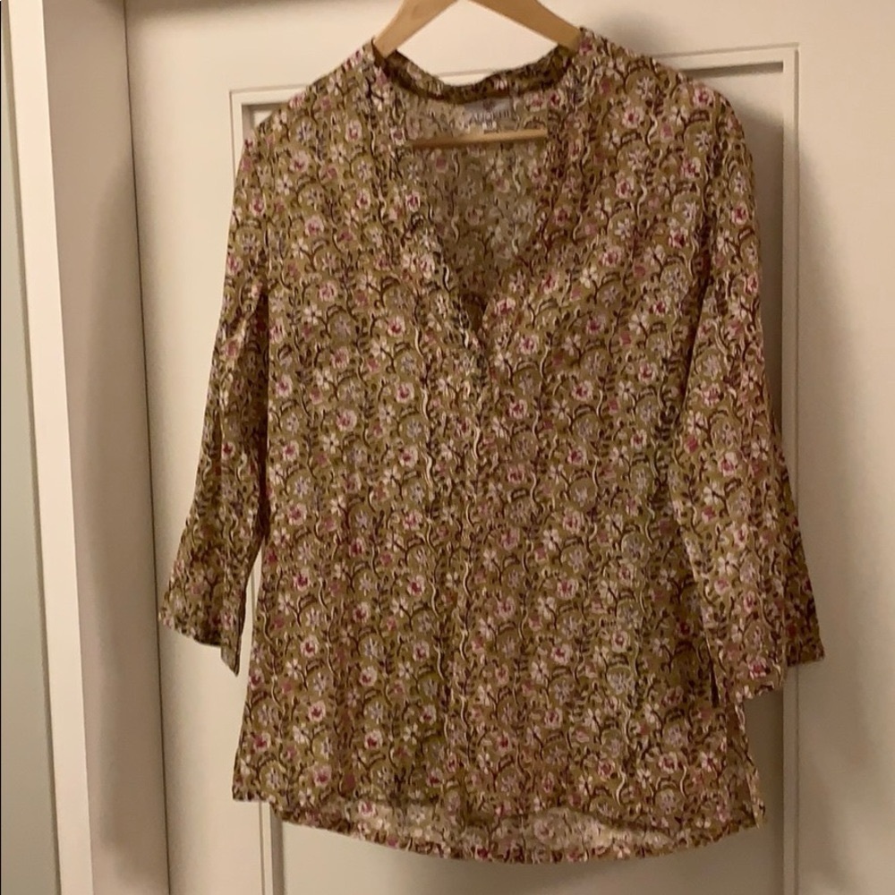 Anokhi Floral Print V-Neck Women's Blouse - Pink & Tan 10